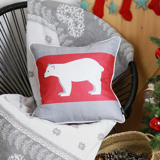 Christmas Bear Decorative Single Throw Pillow 18" x 18" White & Red & Gray Square for Couch, Bedding