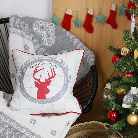 Christmas Deer Decorative Single Throw Pillow 18" x 18" White & Red & Gray Square for Couch, Bedding