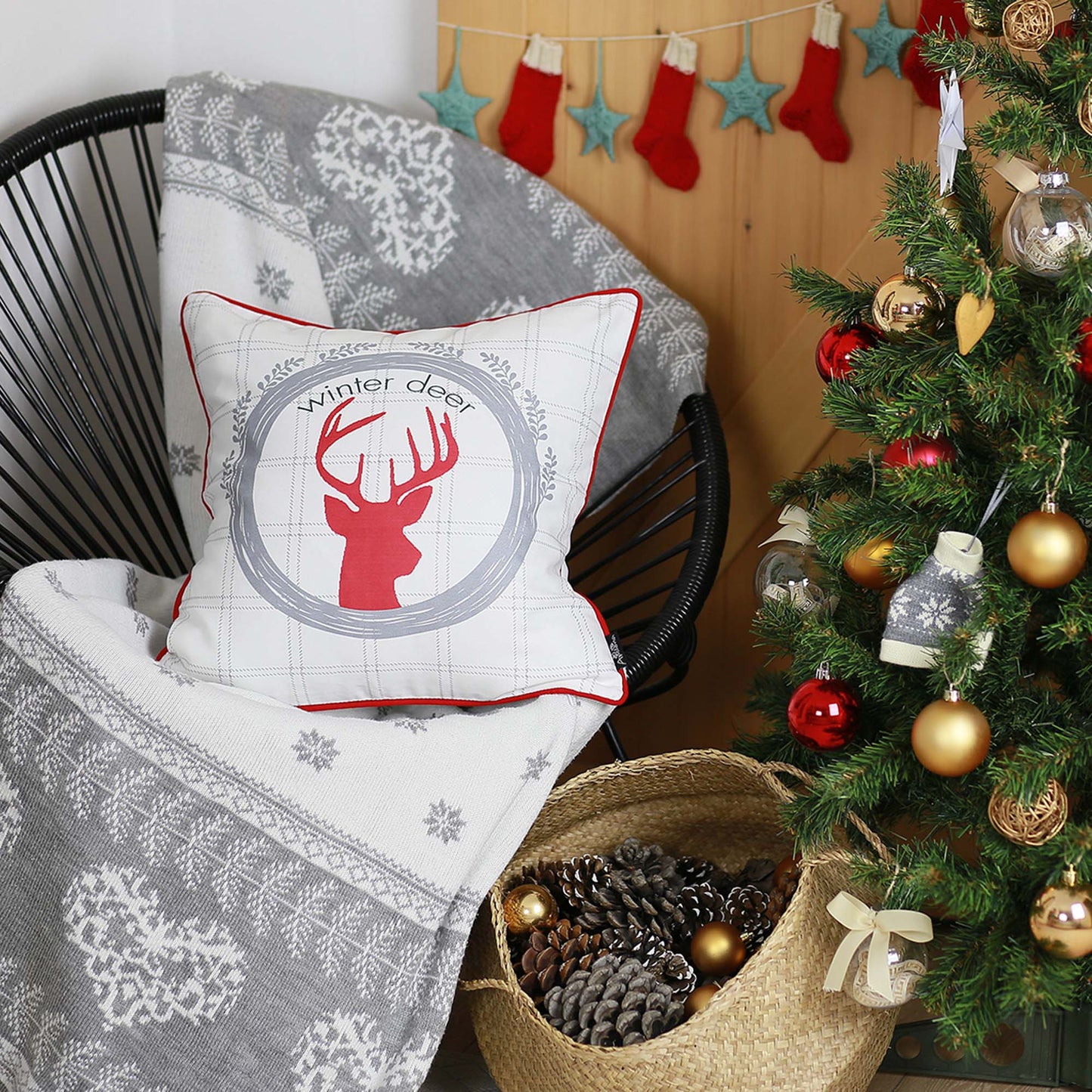 Christmas Deer Decorative Single Throw Pillow 18" x 18" White & Red & Gray Square for Couch, Bedding