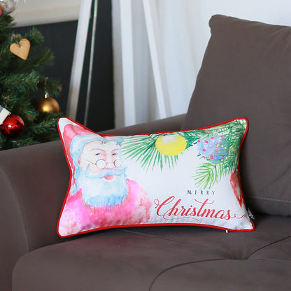 Decorative Christmas Santa Single Throw Pillow Cover 12" x 20" White & Red Lumbar for Couch, Bedding - Apolena