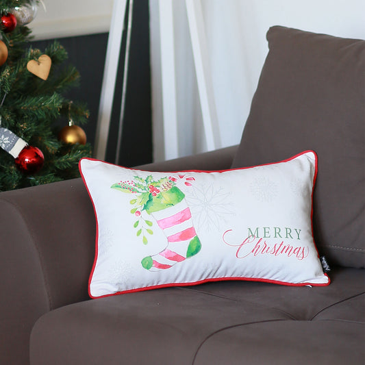 Christmas Stocking Decorative Single Throw Pillow 12" x 20" White & Red Lumbar for Couch, Bedding