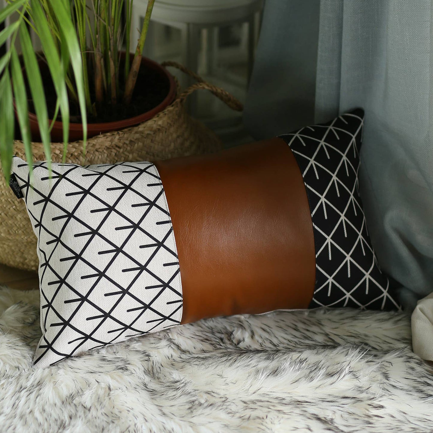 Boho Handcrafted Decorative Single Throw Pillow Cover Vegan Faux Leather Geometric for Couch, Bedding