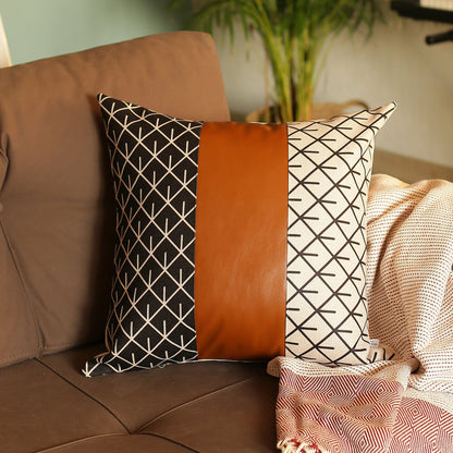 Boho Handcrafted Decorative Single Throw Pillow Cover Vegan Faux Leather Geometric for Couch, Bedding