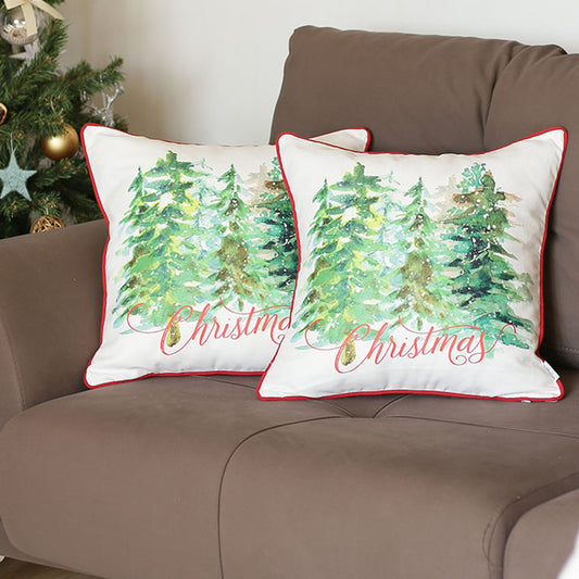 Christmas Trees Decorative Throw Pillow Set of 2 Square 18" x 18" White & Green for Couch, Bedding