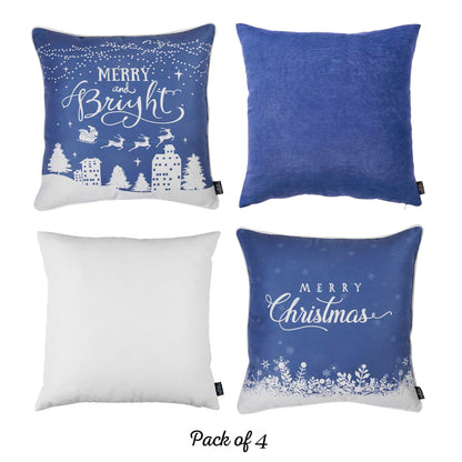 Decorative Christmas Themed Throw Pillow Cover Set of 4 Square 18" x 18" Blue & White for Couch, Bedding