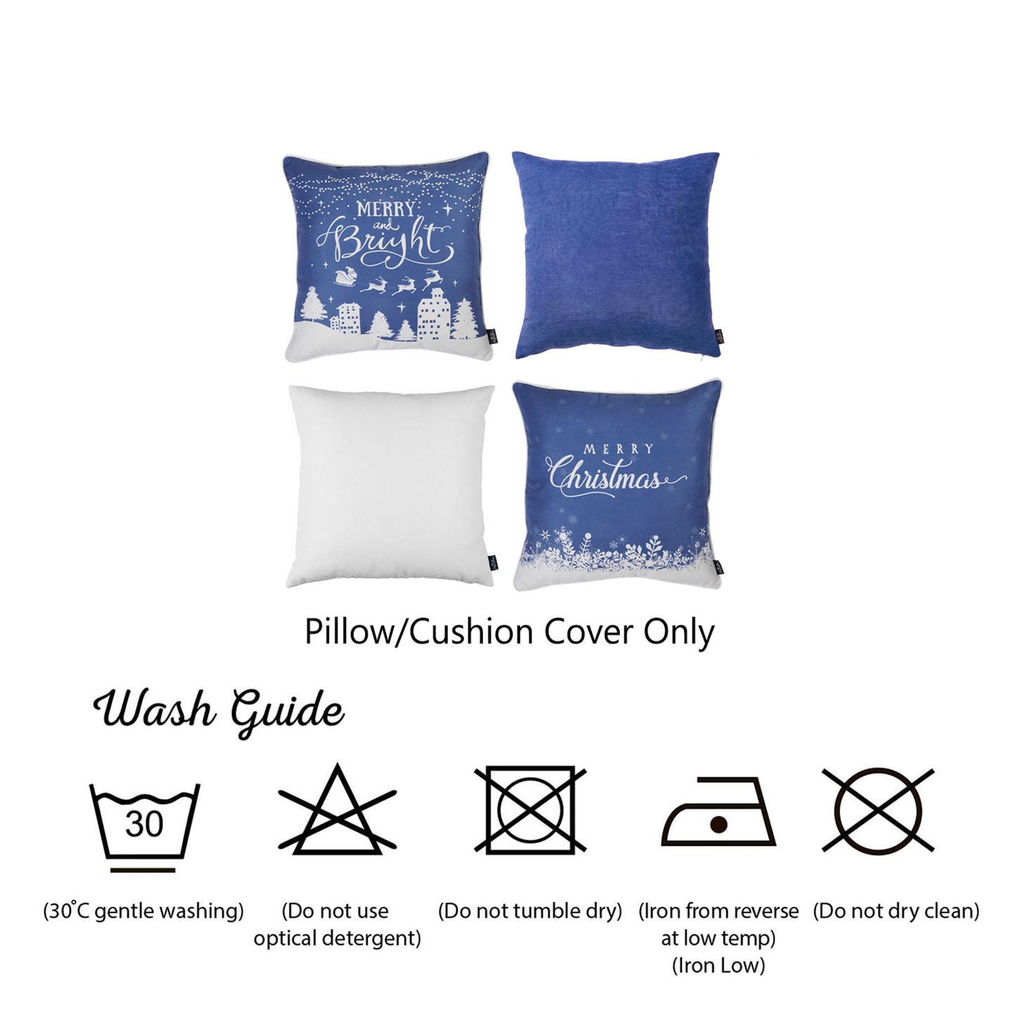 Decorative Christmas Themed Throw Pillow Cover Set of 4 Square 18" x 18" Blue & White for Couch, Bedding