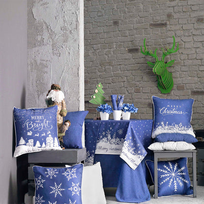 Decorative Christmas Themed Throw Pillow Cover Set of 4 Square 18" x 18" Blue & White for Couch, Bedding