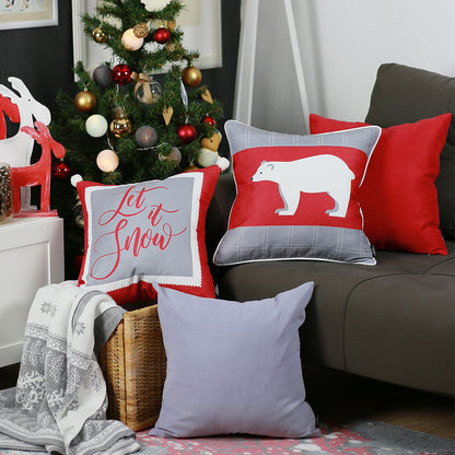 Decorative Christmas Themed Throw Pillow Cover Set of 4 Square 18" x 18" White & Red & Gray for Couch, Bedding