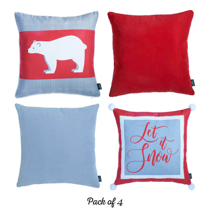 Decorative Christmas Themed Throw Pillow Cover Set of 4 Square 18" x 18" White & Red & Gray for Couch, Bedding