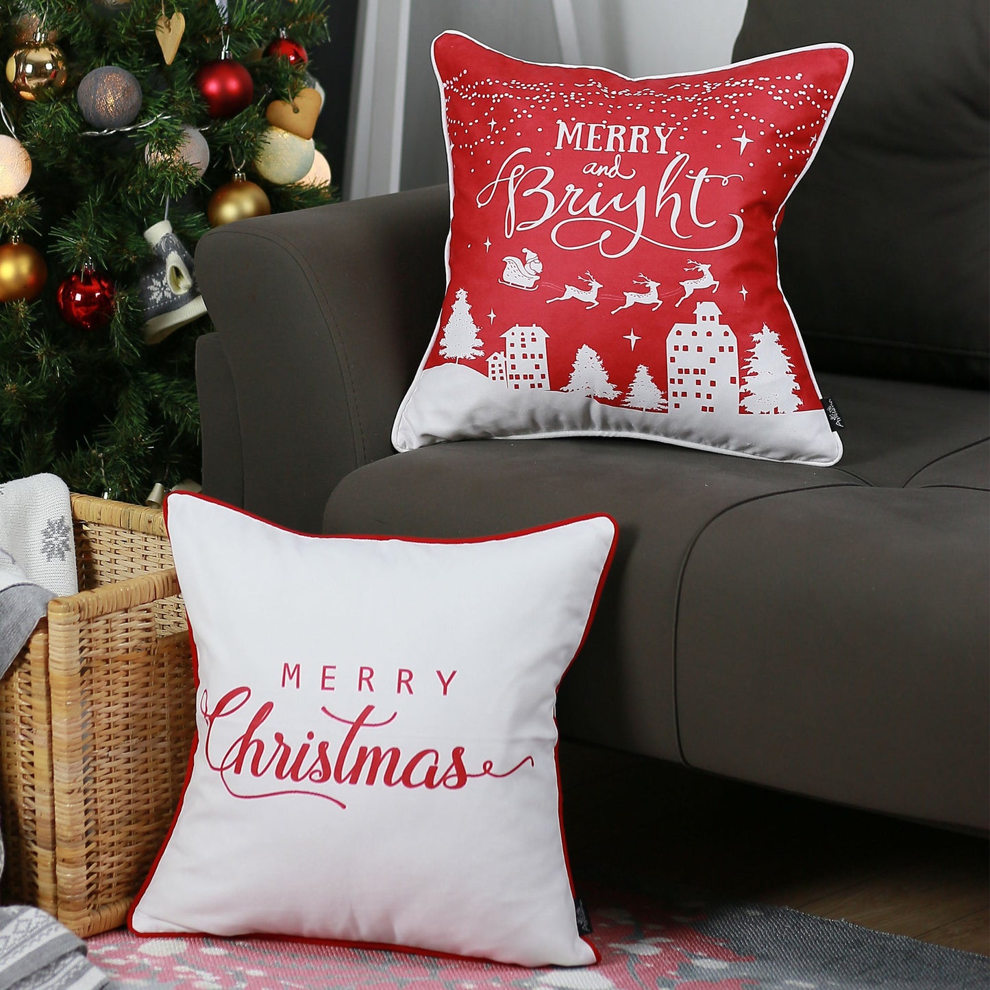 Merry Christmas Decorative Throw Pillow Set of 2 Square 18" x 18" White & Red for Couch, Bedding