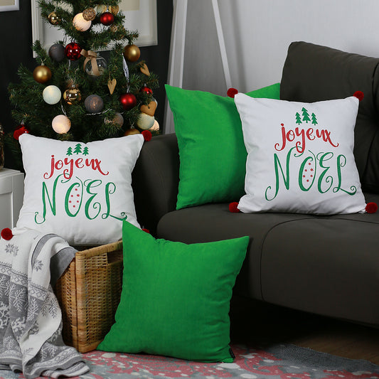 Decorative Christmas Quote Throw Pillow Cover Set of 4 Square 18" x 18" White & Green & Red with Pompoms