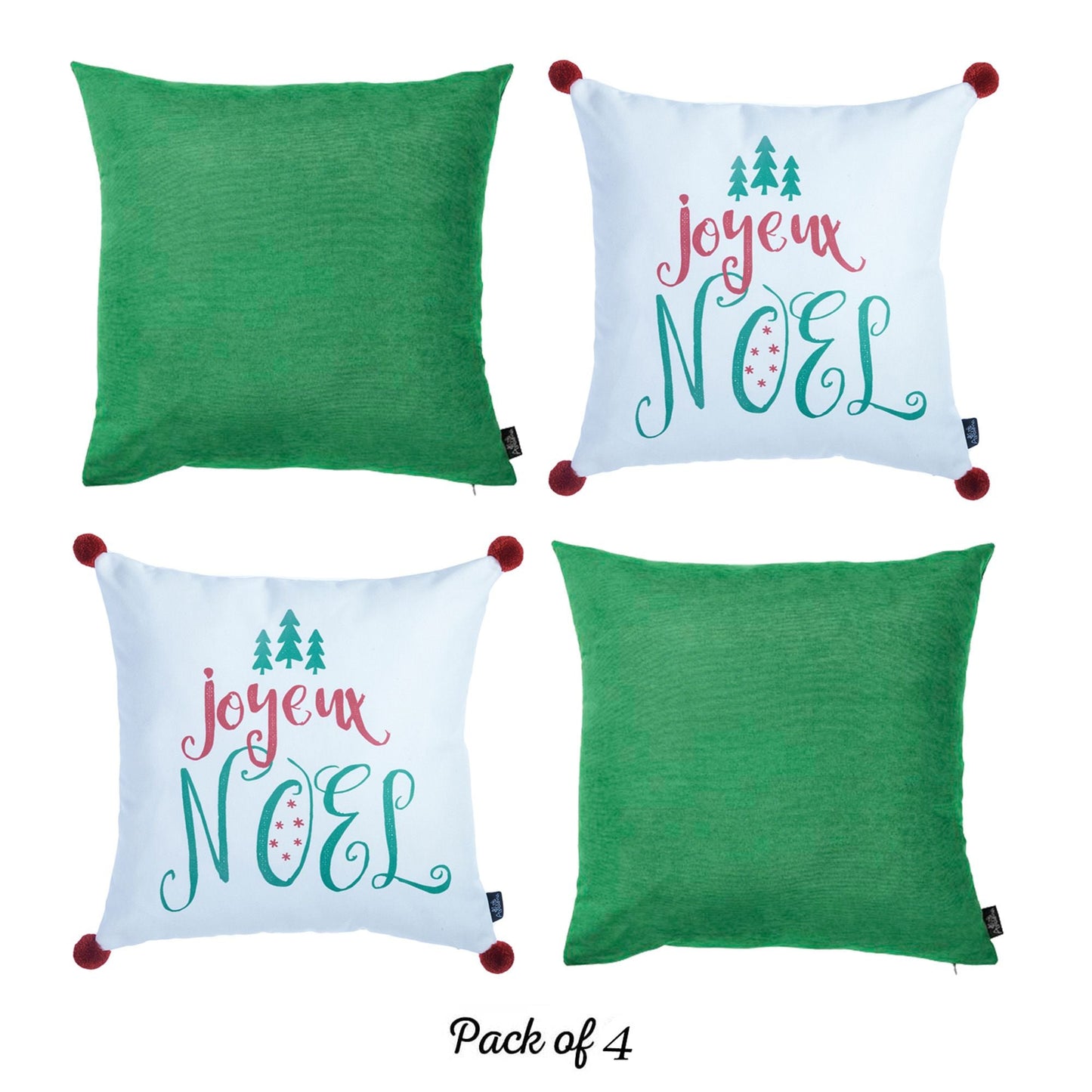 Christmas Quote Decorative Throw Pillow Set of 4 Square 18" x 18" White & Green & Red with Pompoms