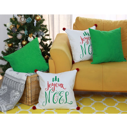 Christmas Quote Decorative Throw Pillow Set of 4 Square 18" x 18" White & Green & Red with Pompoms