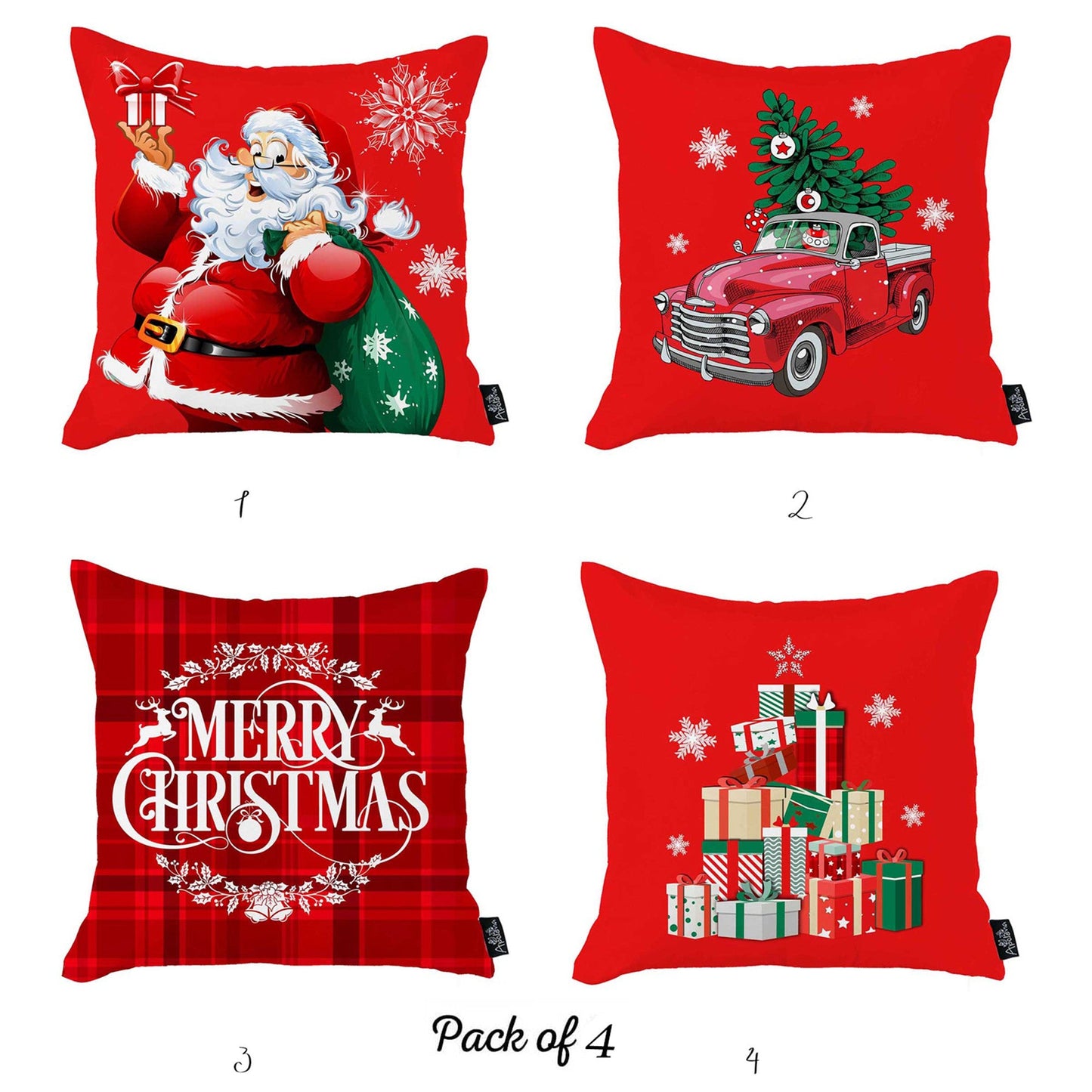 Christmas Themed Decorative Throw Pillow Set of 4 Square 18" x 18" White & Red for Couch, Bedding