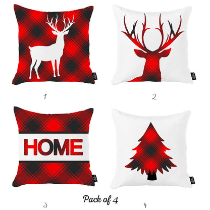 Decorative Christmas Themed Throw Pillow Cover Set of 4 Square 18" x 18" White & Red for Couch, Bedding