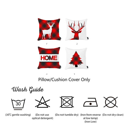 Decorative Christmas Themed Throw Pillow Cover Set of 4 Square 18" x 18" White & Red for Couch, Bedding