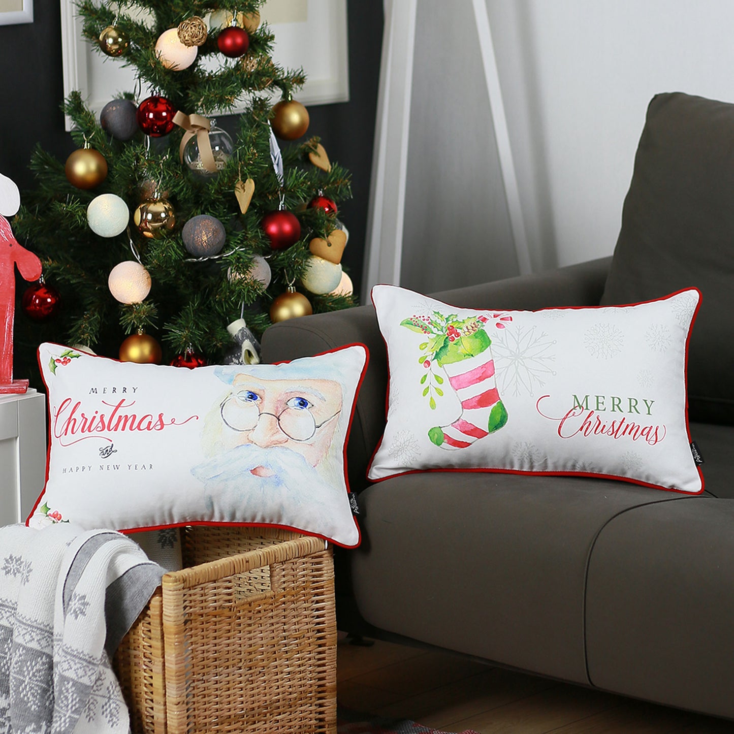 Decorative Christmas Themed Throw Pillow Cover Set of 2 Lumbar 12" x 20" White & Red for Couch, Bedding