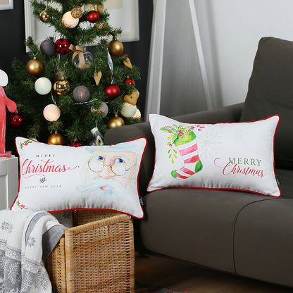 Christmas Themed Decorative Throw Pillow Set of 2 Lumbar 12" x 20" White & Red for Couch, Bedding