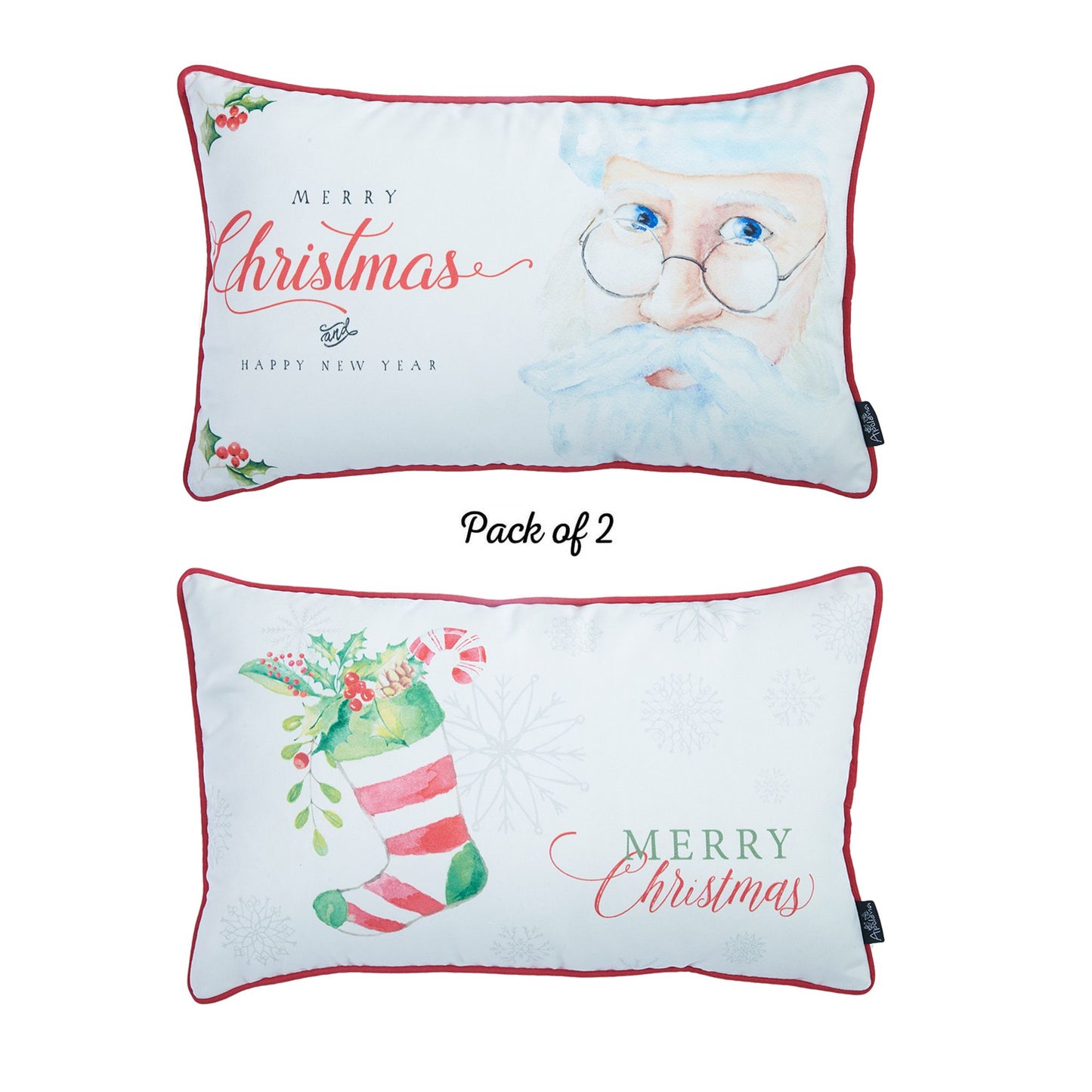 Decorative Christmas Themed Throw Pillow Cover Set of 2 Lumbar 12" x 20" White & Red for Couch, Bedding