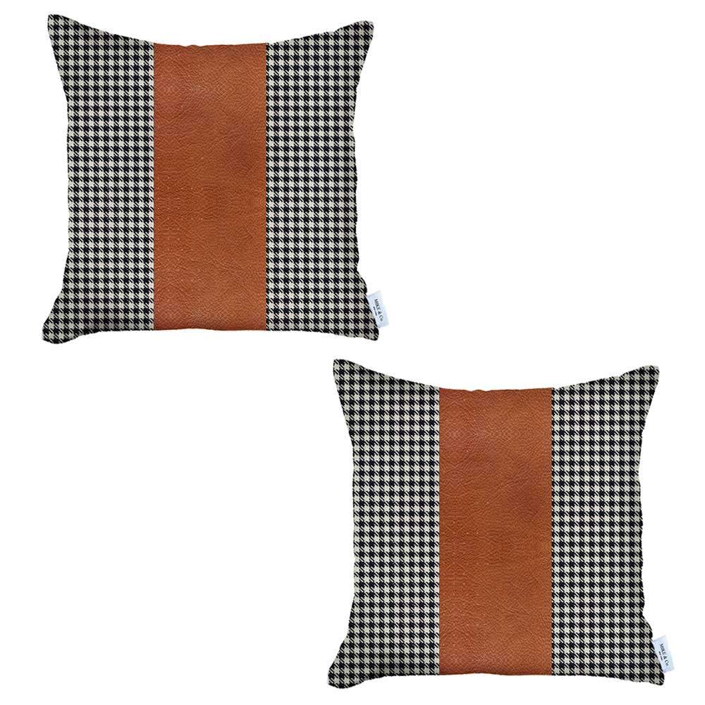 Bohemian Set of 2 Handmade Decorative Throw Pillow Vegan Faux Leather Houndstooth for Couch, Bedding