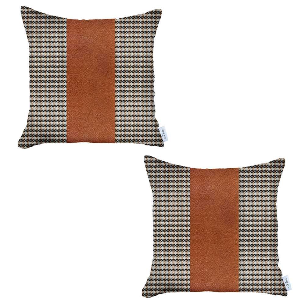 Bohemian Set of 2 Handmade Decorative Throw Pillow Vegan Faux Leather Houndstooth for Couch, Bedding