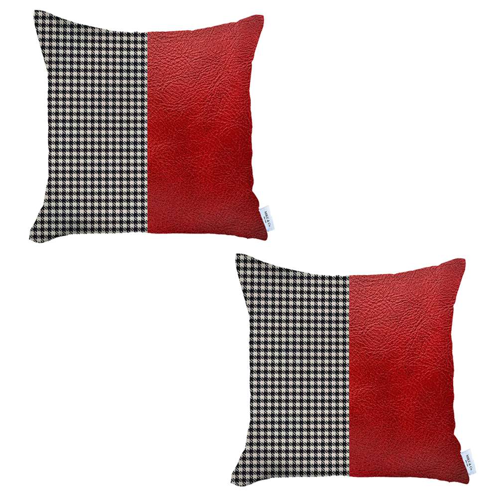 Boho-Chic Set of 2 Handcrafted Decorative Throw Pillow Cover Vegan Faux Leather Houndstooth 18" x 18" Pillowcase for Couch, Bedding