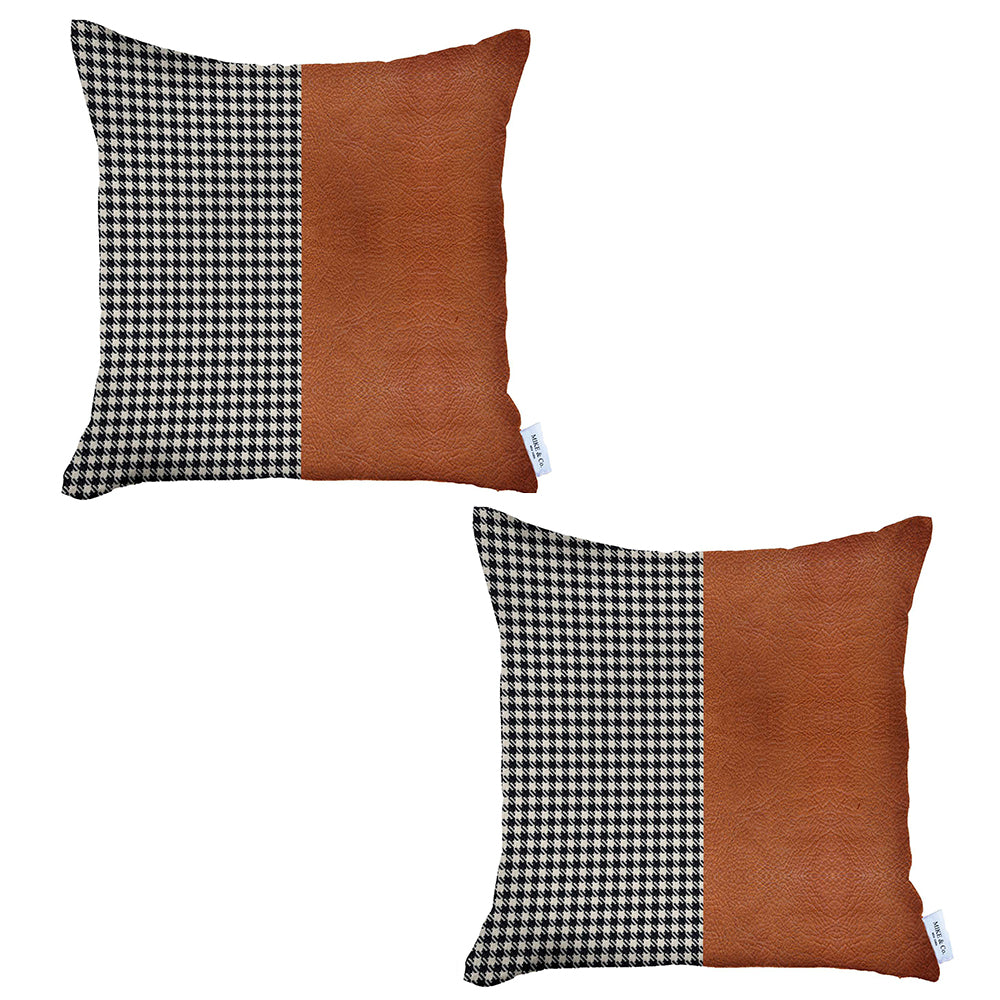 Boho-Chic Set of 2 Handcrafted Decorative Throw Pillow Cover Vegan Faux Leather Houndstooth 18" x 18" Pillowcase for Couch, Bedding