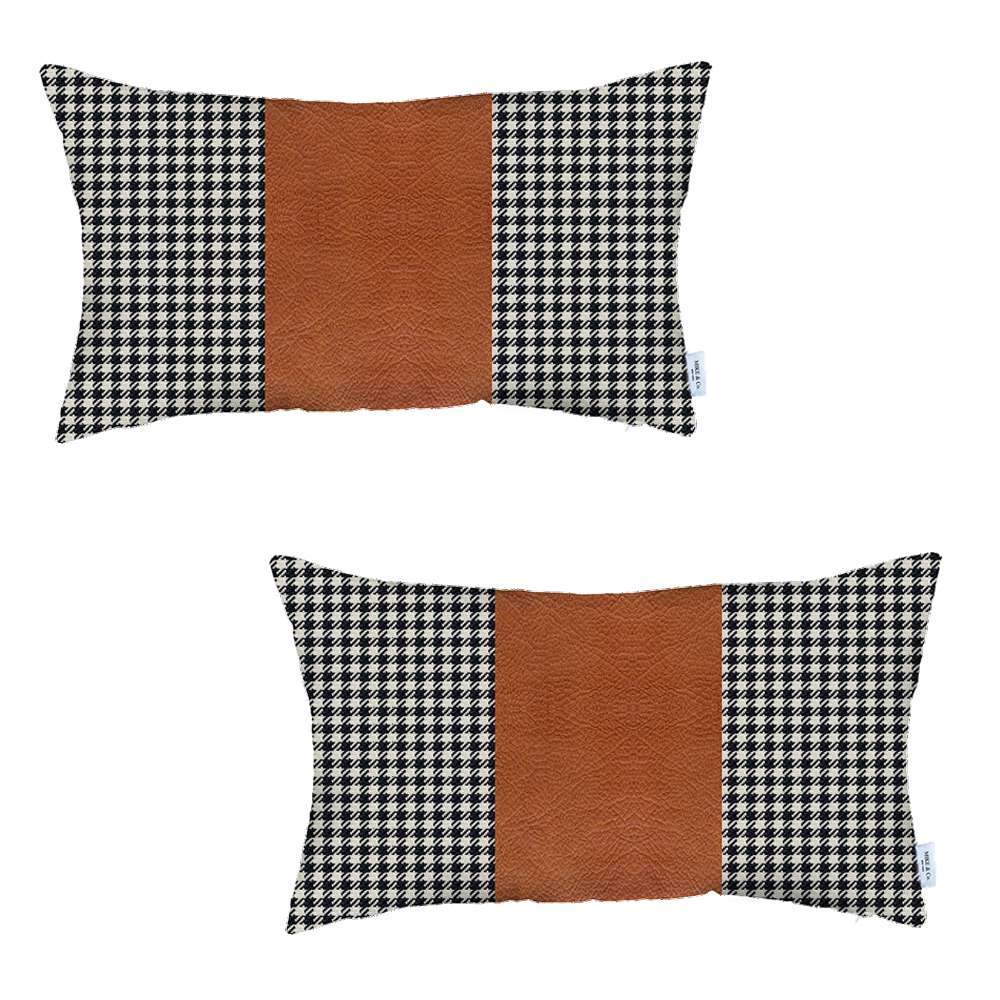 Bohemian Set of 2 Handmade Decorative Throw Pillow Vegan Faux Leather Houndstooth for Couch, Bedding