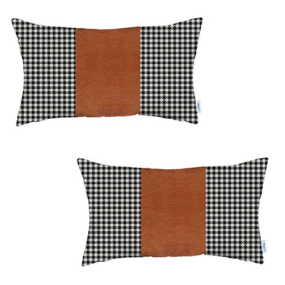 Bohemian Set of 2 Handmade Decorative Throw Pillow Vegan Faux Leather Houndstooth for Couch, Bedding