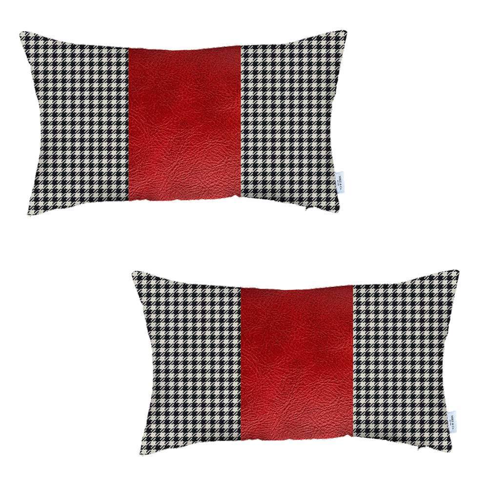 Bohemian Set of 2 Handmade Decorative Throw Pillow Vegan Faux Leather Houndstooth for Couch, Bedding