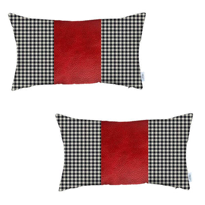 Bohemian Set of 2 Handmade Decorative Throw Pillow Vegan Faux Leather Houndstooth for Couch, Bedding