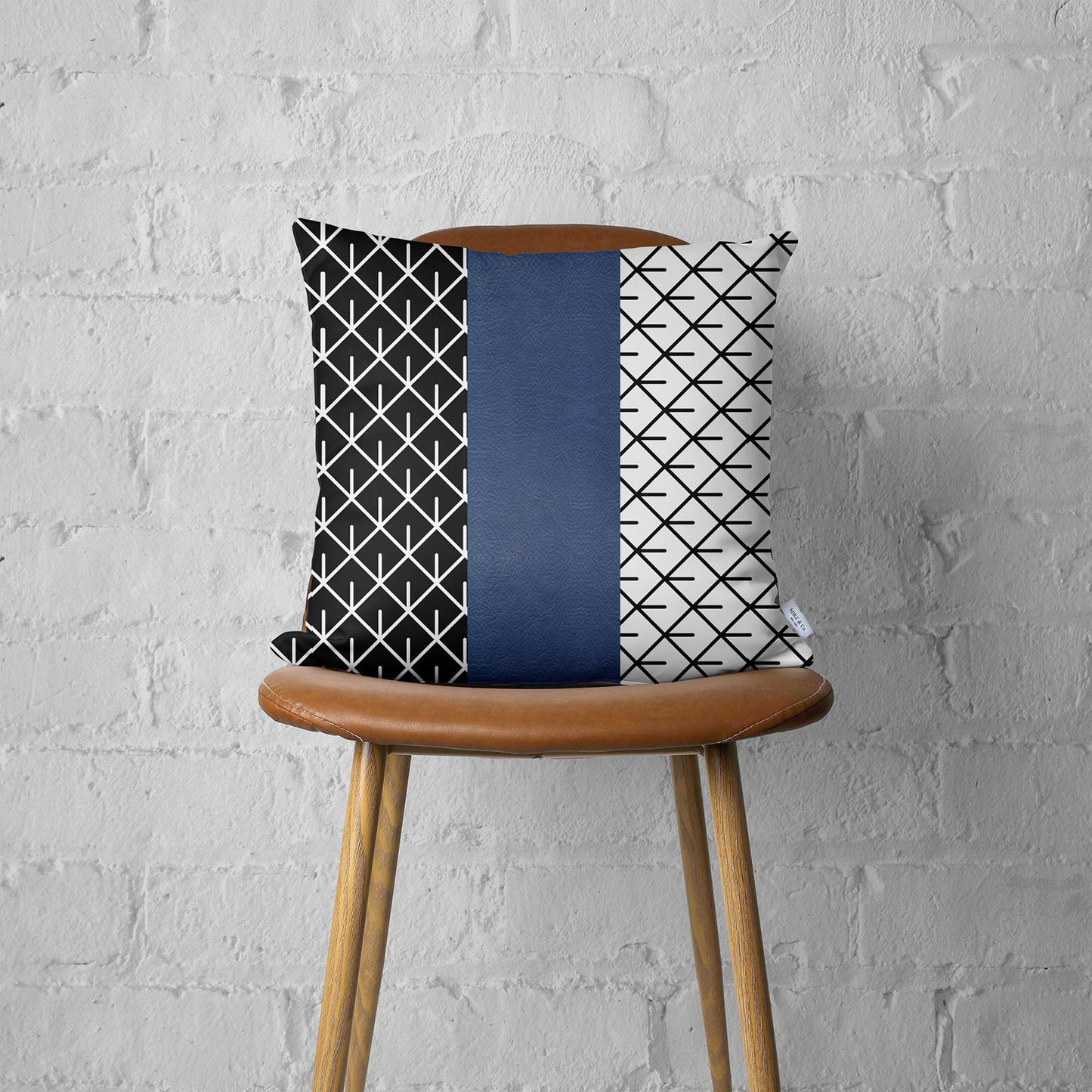 Bohemian Mixed Set of 2 Vegan Faux Leather Navy Blue Geometric Throw Pillow Cover for Couch, Bedding