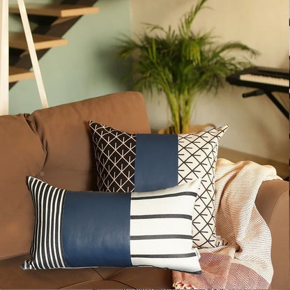 Bohemian Mixed Set of 2 Vegan Faux Leather Navy Blue Geometric Throw Pillow Cover for Couch, Bedding