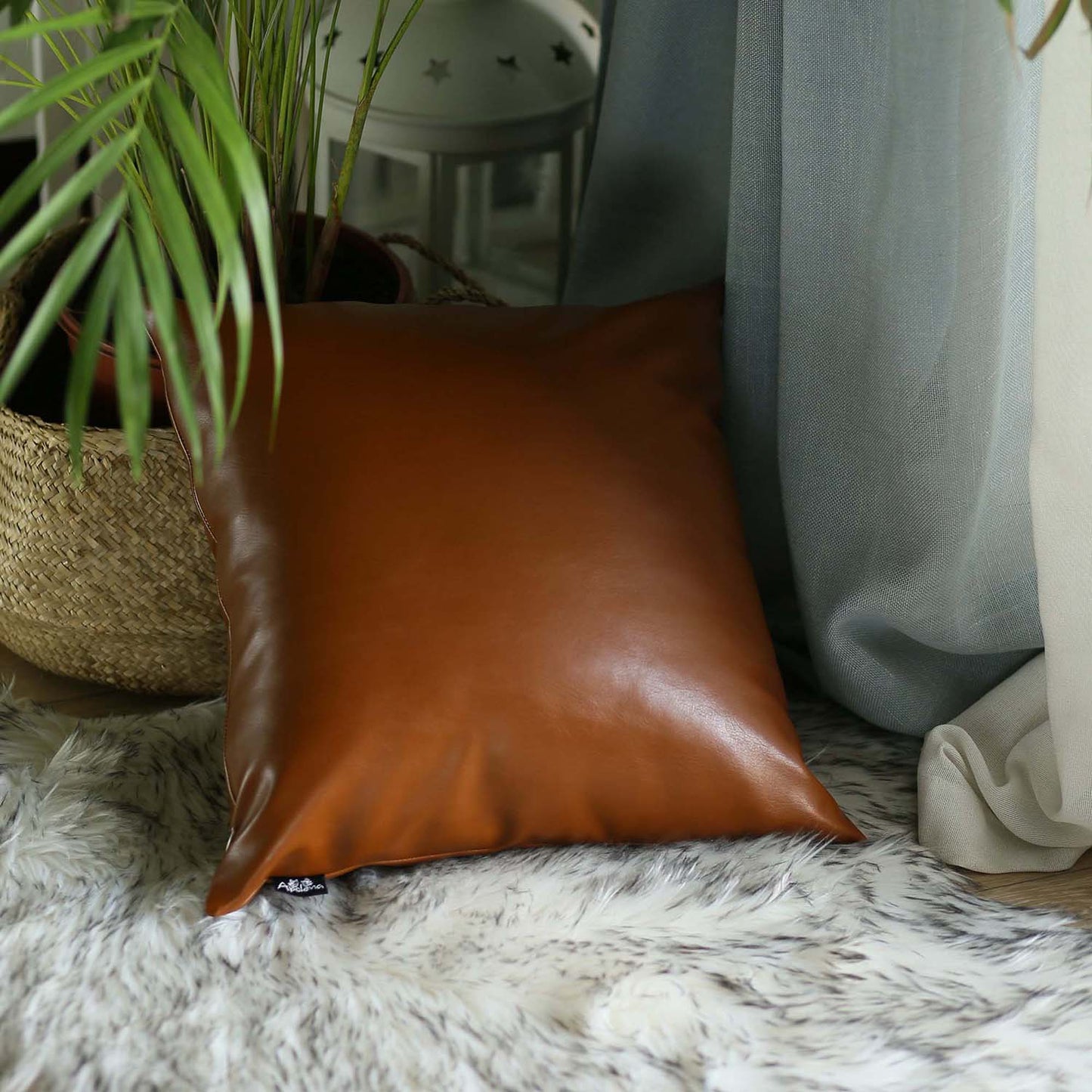 Bohemian Mixed Set of 2 Vegan Faux Leather Brown Geometric Throw Pillow Cover for Couch, Bedding