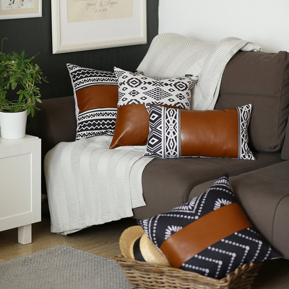 Bohemian Mixed Set of 2 Vegan Faux Leather Brown Geometric Throw Pillow Cover for Couch, Bedding