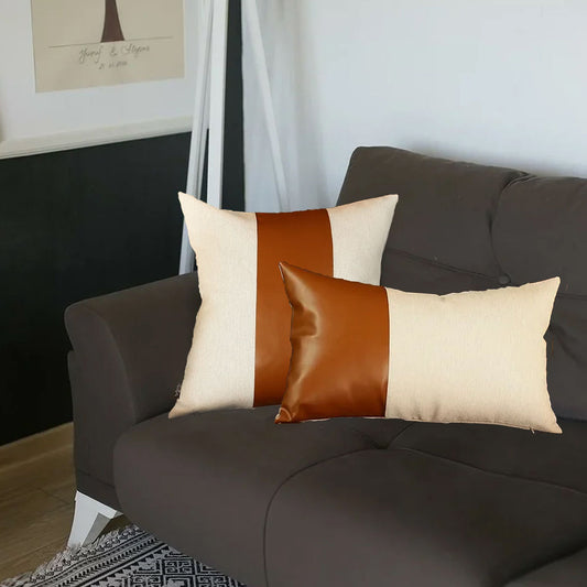 Bohemian Mixed Set of 2 Vegan Faux Leather Brown Solid Throw Pillow Cover for Couch, Bedding