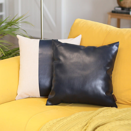 Bohemian Mixed Set of 2 Vegan Faux Leather Navy Blue Solid Throw Pillow Cover for Couch, Bedding