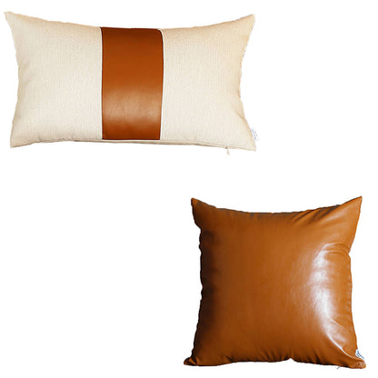 Bohemian Mixed Set of 2 Vegan Faux Leather Brown Solid Throw Pillow Cover for Couch, Bedding