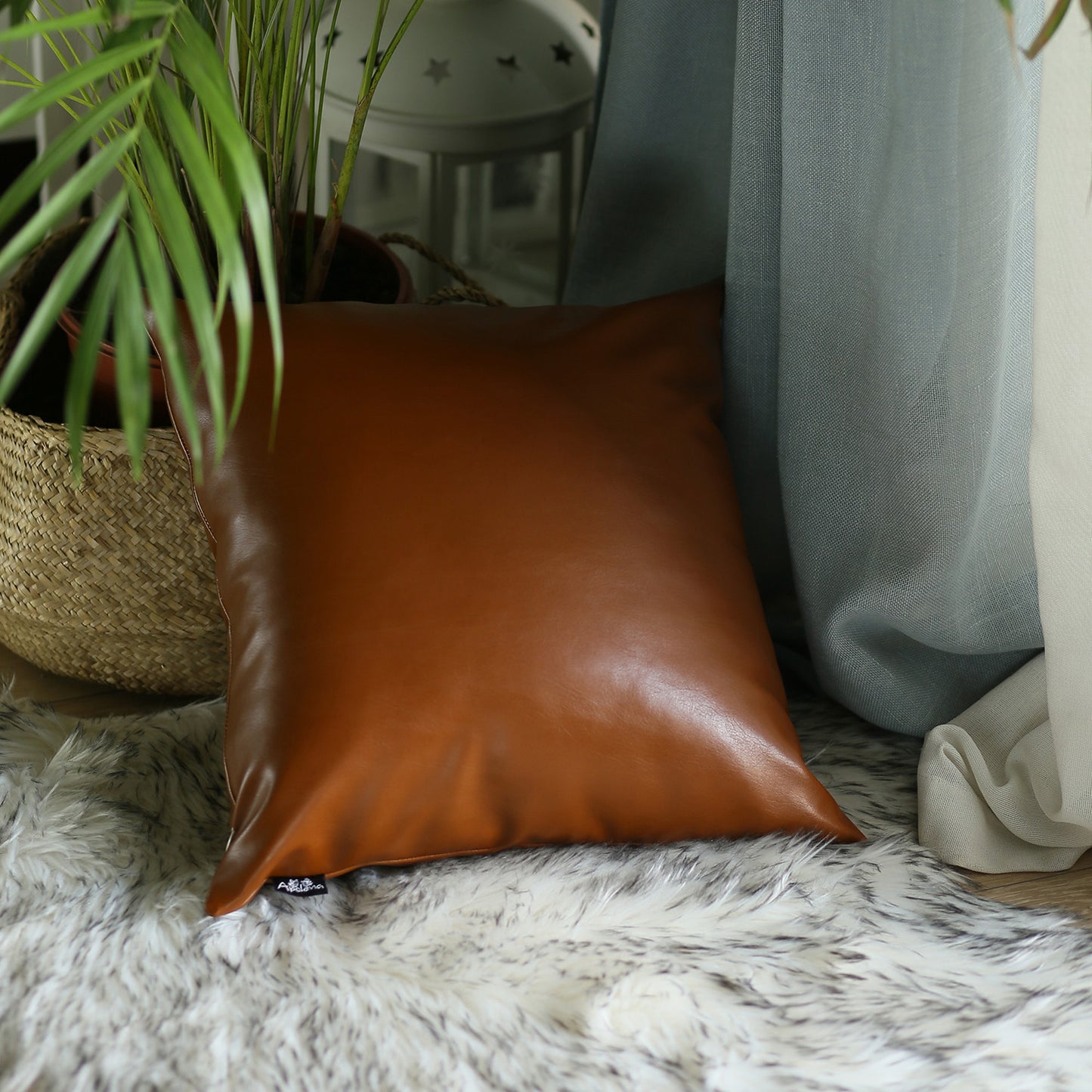 Bohemian Mixed Set of 2 Vegan Faux Leather Brown Solid Throw Pillow Cover for Couch, Bedding