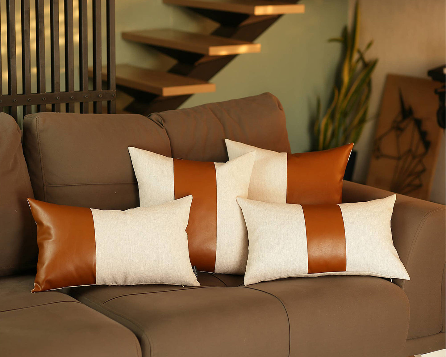 Bohemian Mixed Set of 2 Vegan Faux Leather Brown Solid Throw Pillow Cover for Couch, Bedding