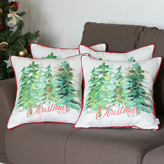 Christmas Trees Decorative Throw Pillow Set of 4 Square 18" x 18" White & Green for Couch, Bedding