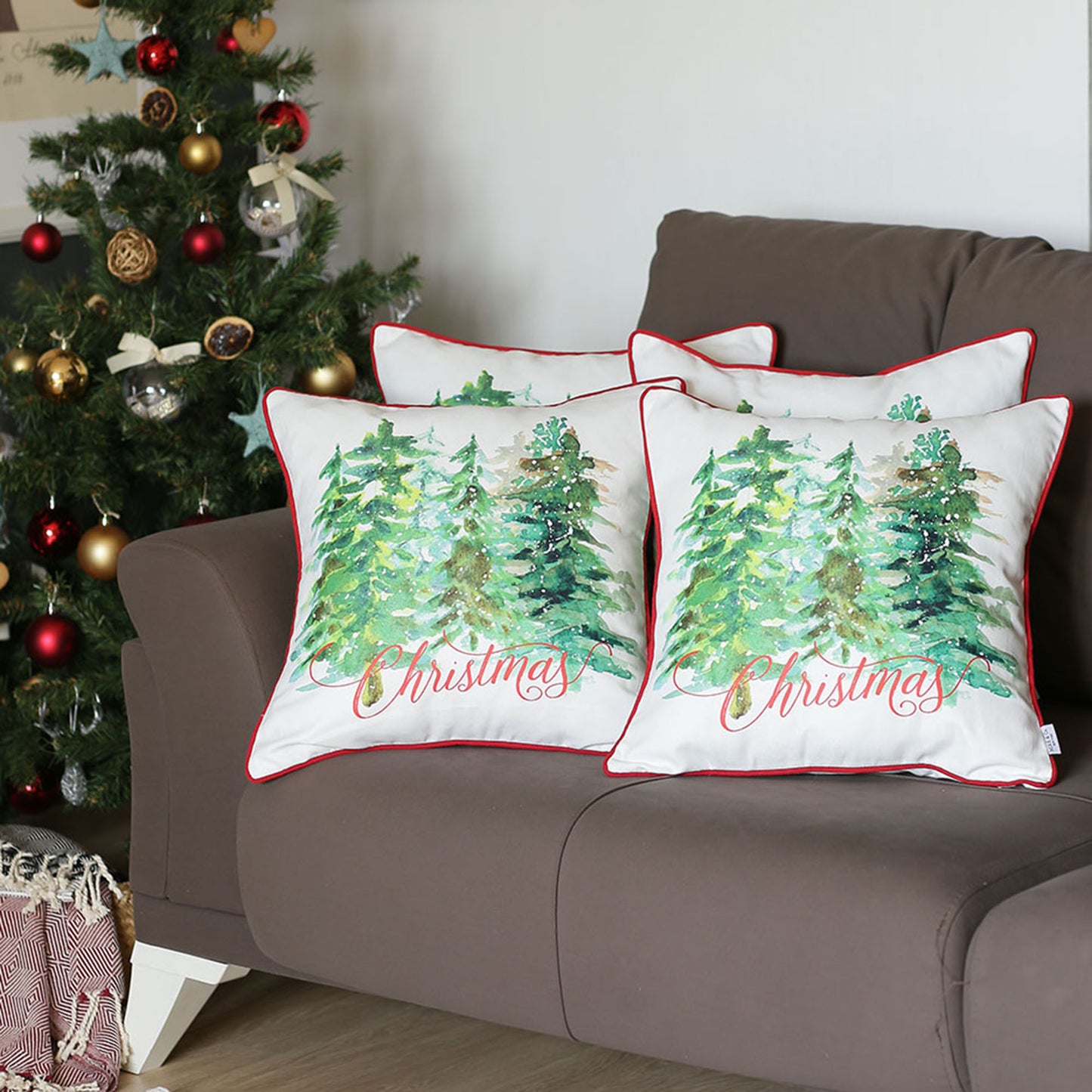 Decorative Christmas Trees Throw Pillow Cover Set of 4 Square 18" x 18" White & Green for Couch, Bedding