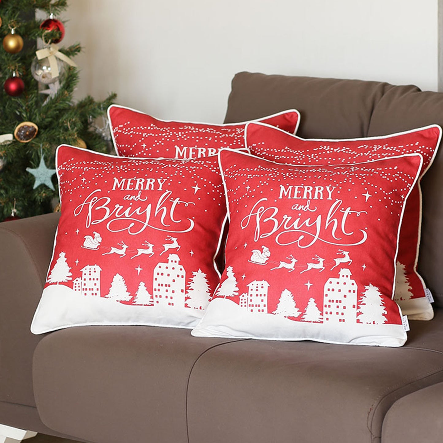 Decorative Christmas Night Throw Pillow Cover Set of 4 Square 18" x 18" Red & White for Couch, Bedding