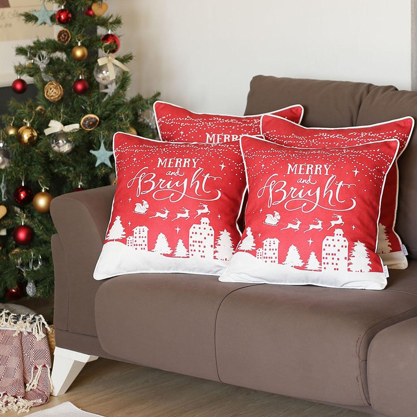 Christmas Night Decorative Throw Pillow Set of 4 Square 18" x 18" Red & White Square for Couch, Bedding