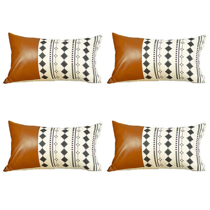 Boho Set of 4 Handcrafted Decorative Throw Pillow Cover Vegan Faux Leather Geometric for Couch, Bedding