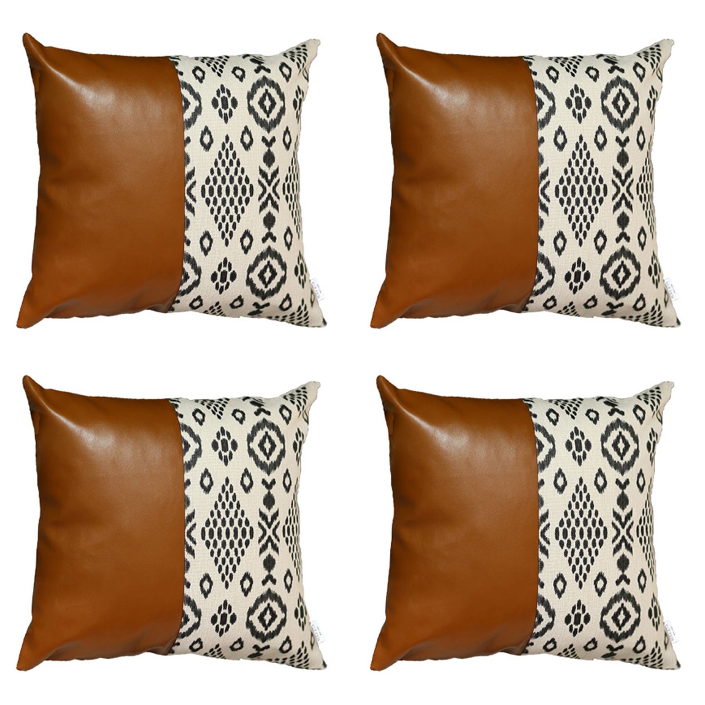 Boho Set of 4 Handcrafted Decorative Throw Pillow Cover Vegan Faux Leather Geometric Square for Couch, Bedding