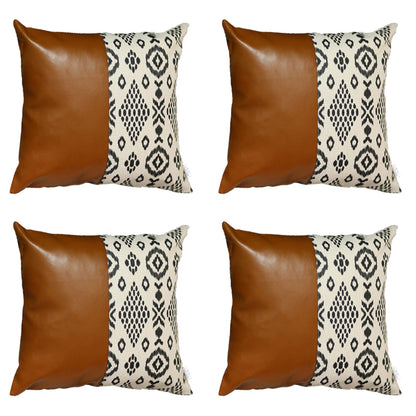 Boho Set of 4 Handcrafted Decorative Throw Pillow Cover Vegan Faux Leather Geometric Square for Couch, Bedding