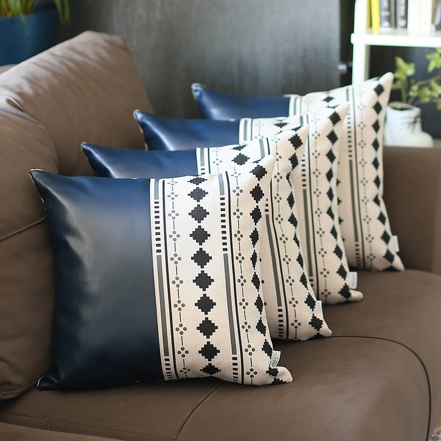 Boho Set of 4 Handcrafted Decorative Throw Pillow Cover Vegan Faux Leather Geometric for Couch, Bedding