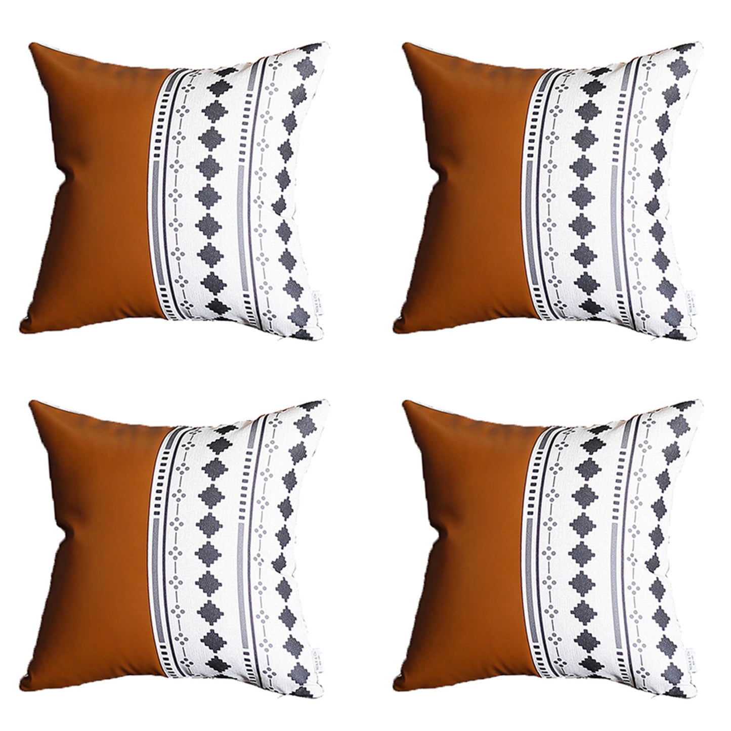 Boho Set of 4 Handcrafted Decorative Throw Pillow Cover Vegan Faux Leather Geometric for Couch, Bedding