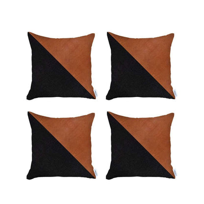 Bohemian Set of 4 Handmade Decorative Throw Pillow Vegan Faux Leather Solid 18" x 18" Square for Couch, Bedding